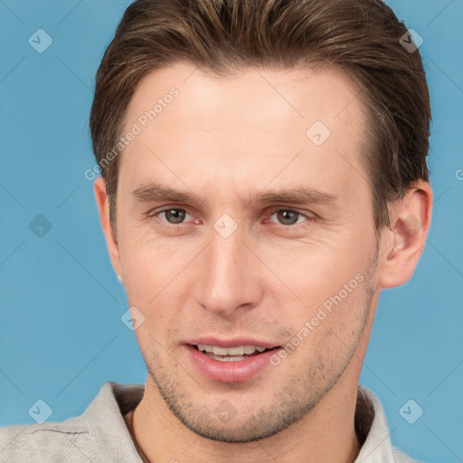 Joyful white young-adult male with short  brown hair and brown eyes