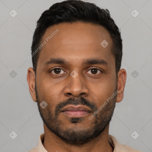 Neutral latino young-adult male with short  black hair and brown eyes