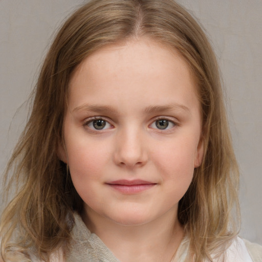 Neutral white child female with medium  brown hair and blue eyes