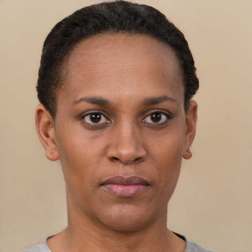Neutral latino young-adult female with short  black hair and brown eyes