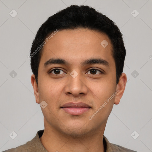 Neutral latino young-adult male with short  black hair and brown eyes