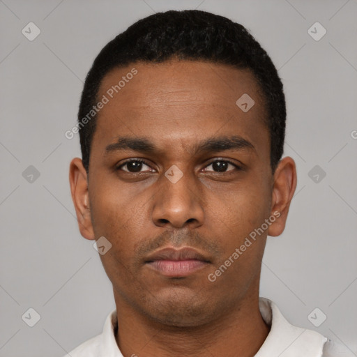 Neutral latino young-adult male with short  black hair and brown eyes