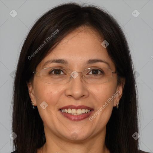 Joyful white adult female with medium  brown hair and brown eyes