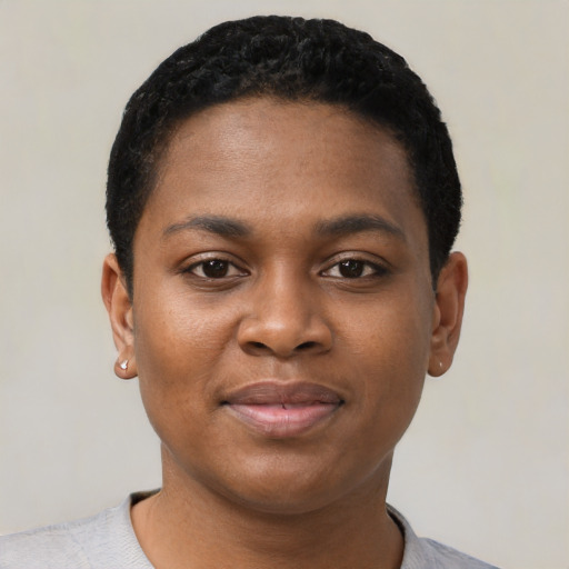 Neutral black young-adult female with short  black hair and brown eyes