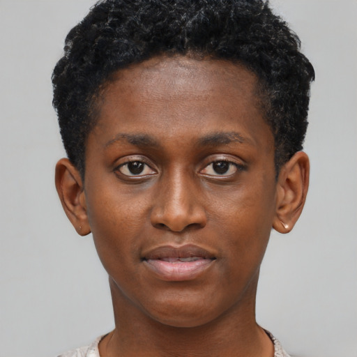 Neutral black young-adult female with short  brown hair and brown eyes