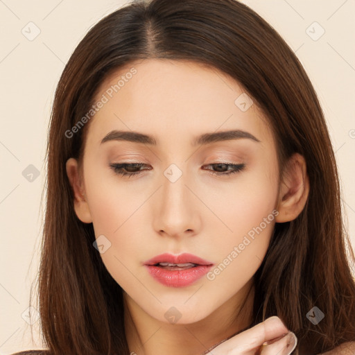 Neutral white young-adult female with long  brown hair and brown eyes