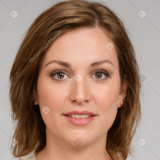 Joyful white young-adult female with medium  brown hair and green eyes