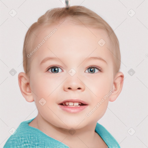 Joyful white child female with short  brown hair and blue eyes