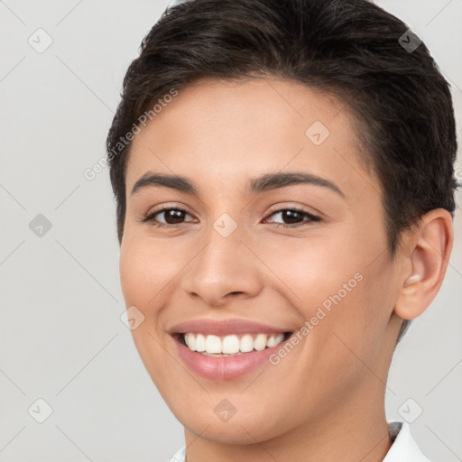 Joyful white young-adult female with short  brown hair and brown eyes