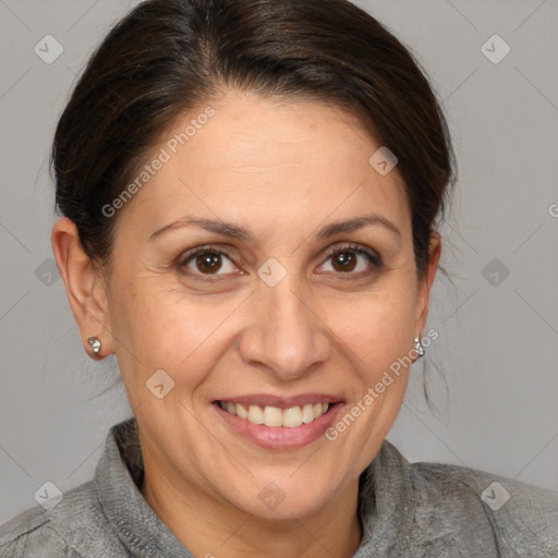 Joyful white adult female with short  brown hair and brown eyes