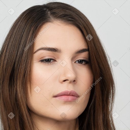 Neutral white young-adult female with long  brown hair and brown eyes