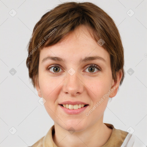 Joyful white young-adult female with short  brown hair and grey eyes