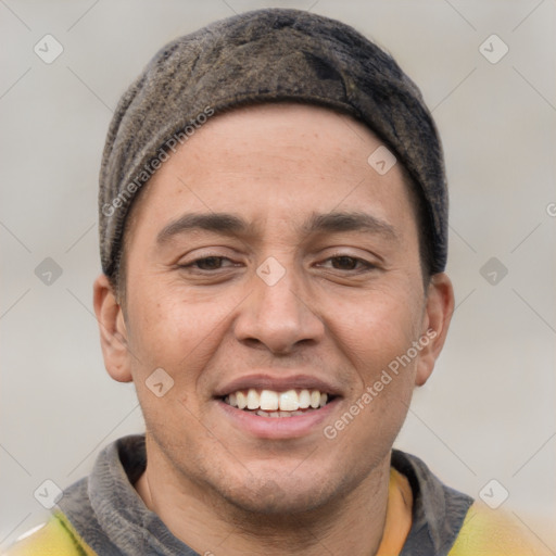 Joyful white young-adult male with short  black hair and brown eyes