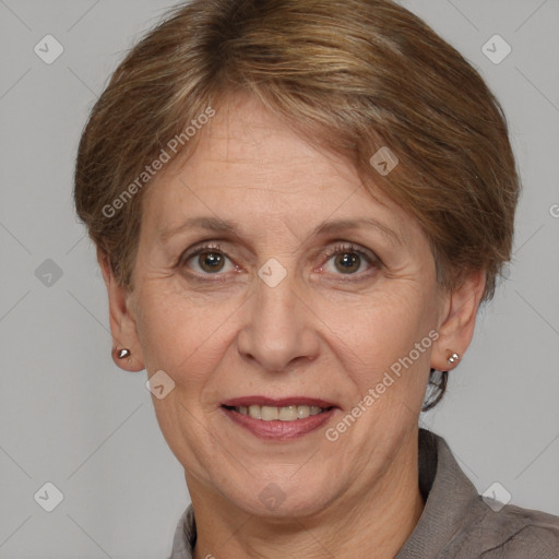 Joyful white middle-aged female with short  brown hair and brown eyes