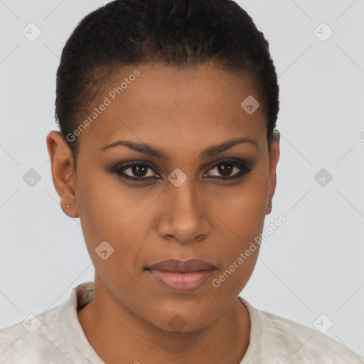 Joyful black young-adult female with short  brown hair and brown eyes