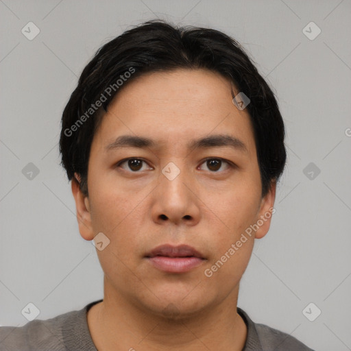 Neutral asian young-adult male with short  black hair and brown eyes