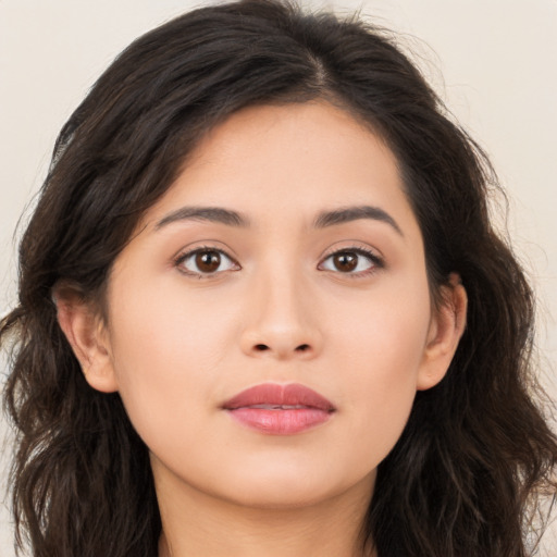 Neutral asian young-adult female with long  brown hair and brown eyes