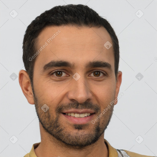 Joyful white young-adult male with short  brown hair and brown eyes