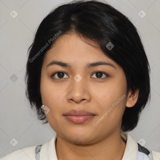 Joyful asian young-adult female with medium  black hair and brown eyes