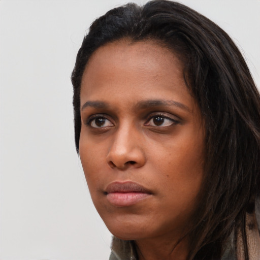 Neutral black young-adult female with long  black hair and brown eyes