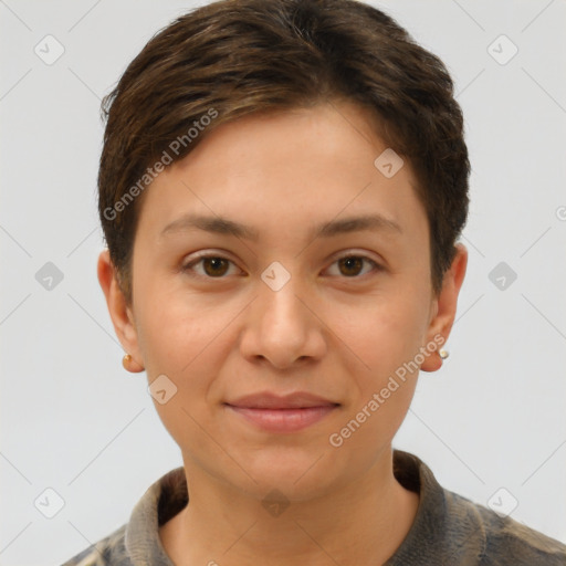 Joyful white young-adult female with short  brown hair and brown eyes