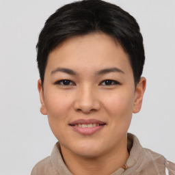 Joyful asian young-adult female with short  brown hair and brown eyes