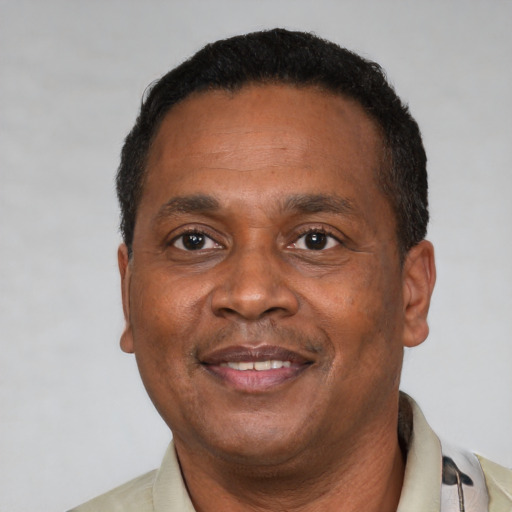 Joyful black adult male with short  brown hair and brown eyes
