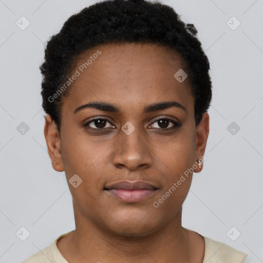 Neutral black young-adult female with short  brown hair and brown eyes