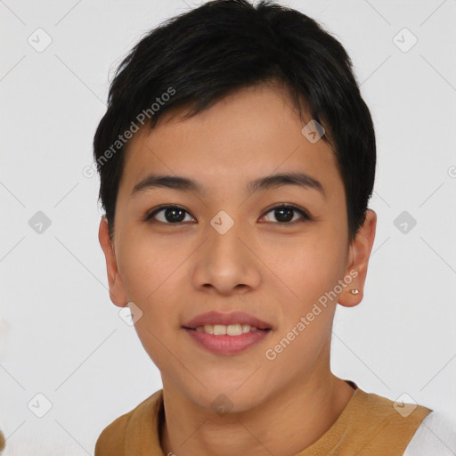 Joyful asian young-adult female with short  black hair and brown eyes