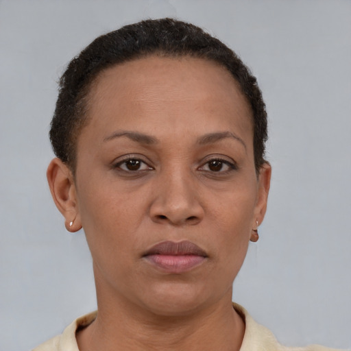 Neutral black adult female with short  brown hair and brown eyes