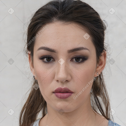 Neutral white young-adult female with medium  brown hair and brown eyes