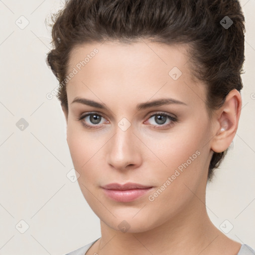 Neutral white young-adult female with short  brown hair and brown eyes