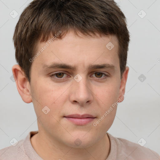 Neutral white young-adult male with short  brown hair and grey eyes