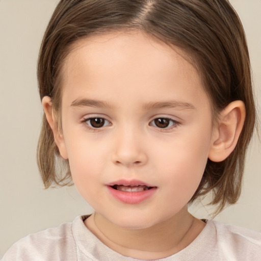 Joyful white child female with medium  brown hair and brown eyes