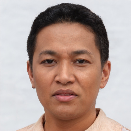 Joyful asian adult male with short  black hair and brown eyes