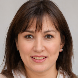 Joyful white adult female with medium  brown hair and brown eyes