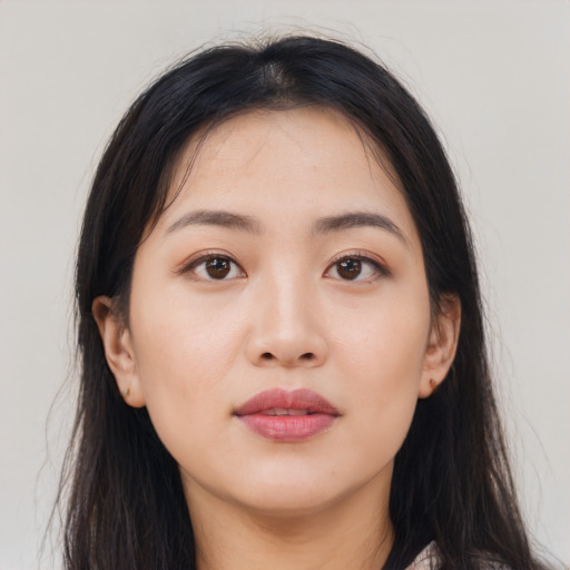 Neutral asian young-adult female with long  brown hair and brown eyes