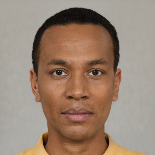 Neutral black young-adult male with short  black hair and brown eyes