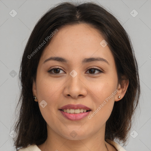 Joyful white young-adult female with medium  brown hair and brown eyes