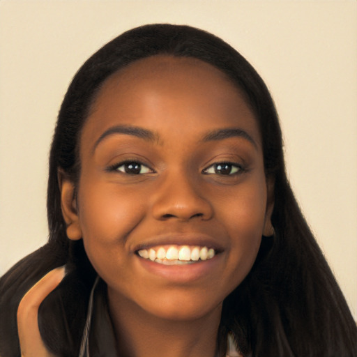 Joyful black young-adult female with long  black hair and brown eyes