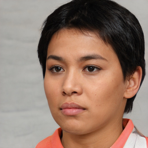 Neutral asian young-adult female with short  brown hair and brown eyes