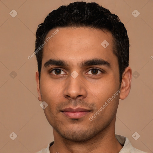 Neutral latino young-adult male with short  black hair and brown eyes