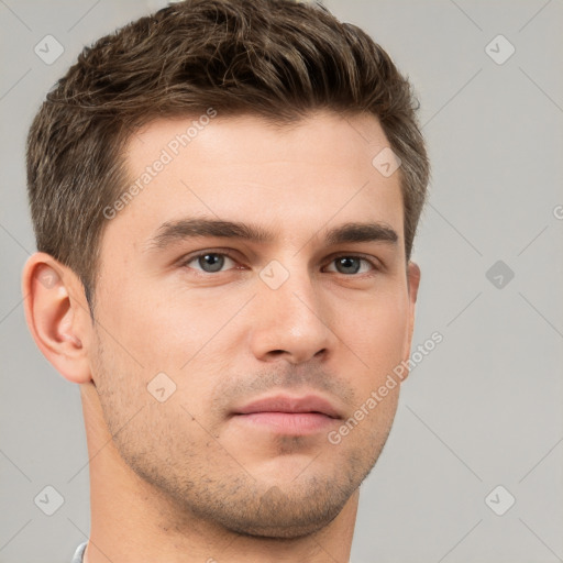 Neutral white young-adult male with short  brown hair and brown eyes