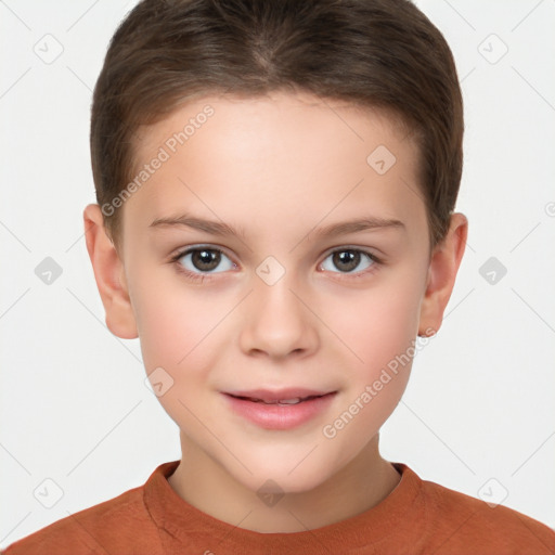 Joyful white child female with short  brown hair and brown eyes