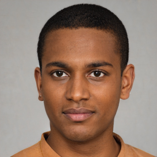 Neutral black young-adult male with short  brown hair and brown eyes