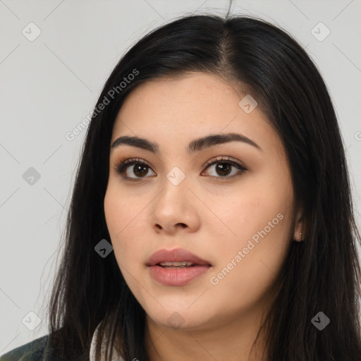 Neutral asian young-adult female with long  black hair and brown eyes