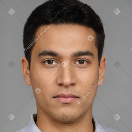 Neutral latino young-adult male with short  black hair and brown eyes