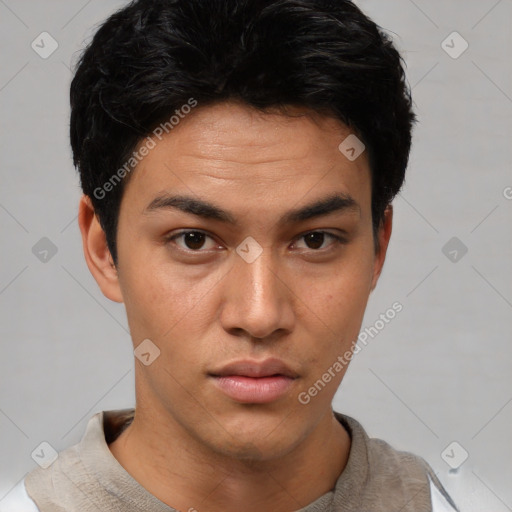 Neutral asian young-adult male with short  black hair and brown eyes