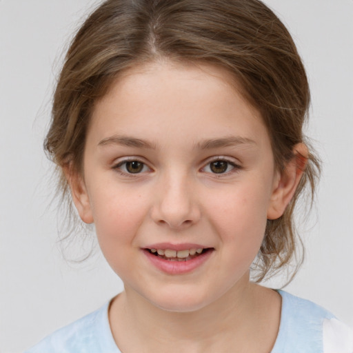 Joyful white child female with medium  brown hair and brown eyes