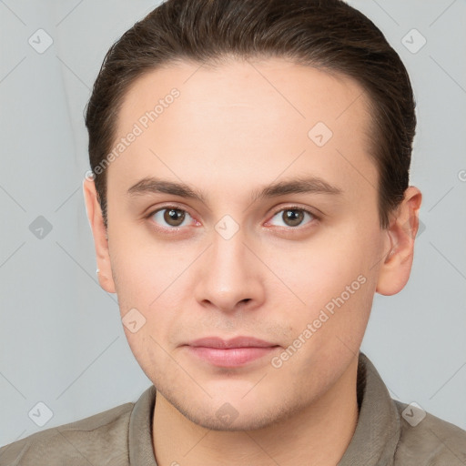 Neutral white young-adult male with short  brown hair and brown eyes